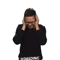 a man wearing glasses and a black sweater with the word dasding on the back