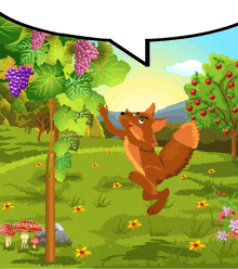 a cartoon of a fox reaching for grapes on a tree