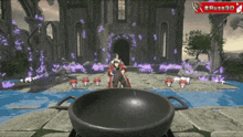 a video game screen shows a man standing in front of a castle and a sign that says # ruzo3d