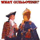 a man and a woman are standing next to each other with the words " what gullotine " written above them