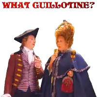 a man and a woman are standing next to each other with the words " what gullotine " written above them