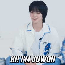 a man in a white shirt says hi i 'm juwon in black letters