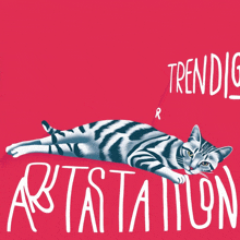 a cat is laying on a red background with the word artstation written below it