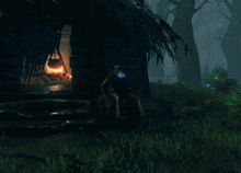 a video game scene with a person sitting on a stump in front of a hut
