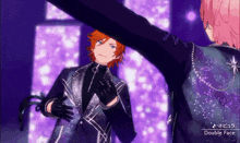 a couple of anime characters standing next to each other with the words double face written on the bottom
