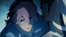 a cartoon character with pink hair and blue eyes is looking down