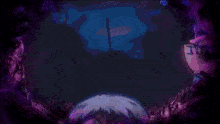 a purple background with a person 's head in the middle
