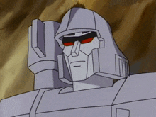 a cartoon drawing of a robot with red glasses