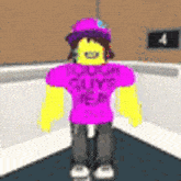 a roblox character wearing a pink shirt and a purple hat is standing on a sidewalk .