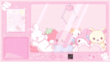 a pink screen with stuffed animals and the words play me at the bottom