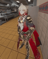 a knight in armor is standing in a kitchen and waving