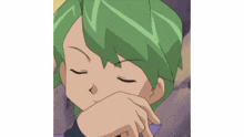 a cartoon character with green hair is covering his face with his hand