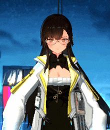 a girl with glasses is wearing a black dress and a white coat