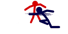 a red stick figure is standing next to a blue stick figure laying on the ground
