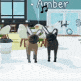 two dogs are standing in front of a sign that says " amber "