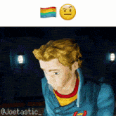 a cartoon of a man with a rainbow flag and a yellow smiley face