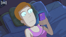 a cartoon of a woman laying on a bed looking at her cell phone