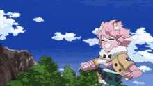 a cartoon girl with pink hair is standing in front of trees