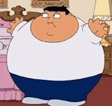 a cartoon man is standing in a room with a lamp and a dresser .