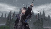 a girl in a black and white outfit is holding an umbrella in front of a castle