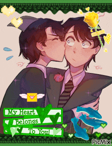 a picture of two men kissing with the words " my heart belongs to you " on the bottom
