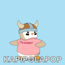 a cartoon penguin wearing a pink shirt that says the huddle holds a lollipop