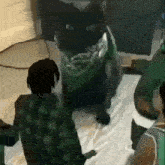 a group of people standing around a black cat wearing a green scarf