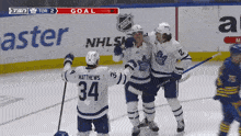 a hockey player with the number 34 on his jersey celebrates a goal