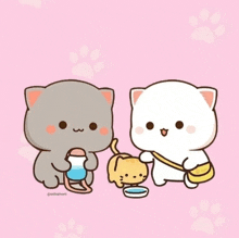 two cartoon cats are standing next to each other on a pink background with paw prints