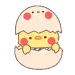 a chicken is coming out of a cracked egg with question marks around it .