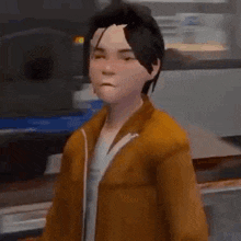 a cartoon character wearing a brown jacket and a blue shirt is standing in a room .