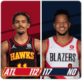 two basketball players from the hawks and the blazers are standing next to each other