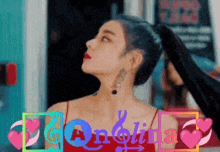a woman with a ponytail is surrounded by hearts and the word " carolina "
