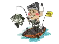 a cartoon of a man fishing on a boat with a hat that says custom seat jp