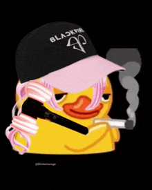 a yellow duck wearing a black hat with the word blackpink on it is smoking a cigarette