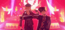 two anime characters are standing next to each other on a stage in front of a red background .