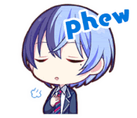 a cartoon of a boy with blue hair and the word phew above him