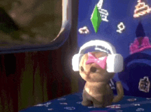 a cartoon dog wearing headphones with a pink bow