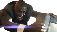 a man in a suit is smiling while laying on his back