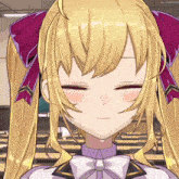 a close up of a girl 's face with her eyes closed and a bow in her hair