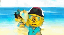 a cartoon character is standing on a beach wearing sunglasses and a hat .