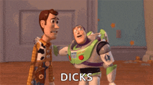 woody and buzz lightyear from toy story are standing next to each other in a room .
