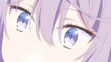 a close up of a girl 's eyes with a purple background