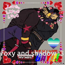 a drawing of a man carrying another man with the words " foxy and shadow " written on it