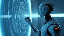 a robot is touching a screen with a circle on it
