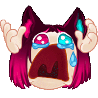 a cartoon drawing of a cat with pink hair and blue eyes crying