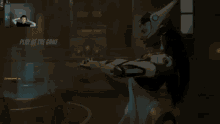 a video game screen shows a woman in a futuristic outfit and says play of the game