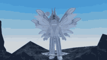 a cartoon character with wings and horns is standing in front of a blue sky