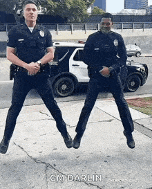 two police officers are jumping in the air in front of a police car on a sidewalk .