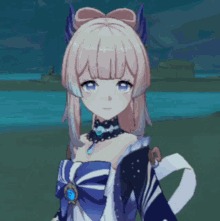 a girl with pink hair and blue eyes is wearing a blue and white dress